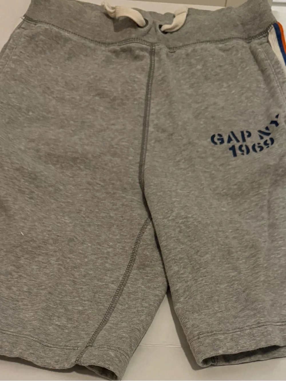 GAP Gray Knit Shorts with Navy Logo and Orange-Blue Side Trim